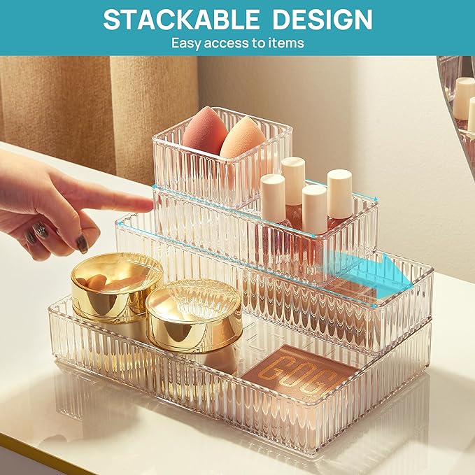 Vtopmart 7 PCS Clear Drawer Organizers Bins, 4-Size Stackable Makeup and Vanity Drawer Organizer Trays, Acrylic Bathroom Drawer Storage Containers for Cosmetic, Office Supply, Kitchen Utensils Gadgets-NeatNest