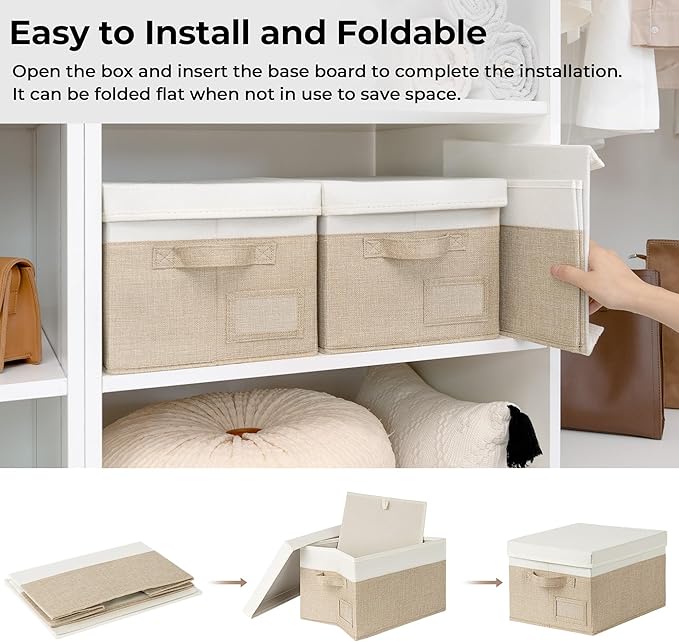 GRANNY SAYS Storage Bins with Lids, Linen Storage Bins for Shelves, Decorative Storage Boxes, Clothes Storage and Organization, Storage Boxes for Organizing, 3-Pack, Khaki&Ivory-NeatNest