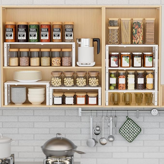 Expandable Spice Rack Kitchen Cabinet Shelf Organizer, Stackable Storage Shelves Racks, Adjustable Counter Shelving for Cabinets, Countertop, Cupboard,Pantry and More(3Packs/White/Large)-NeatNest