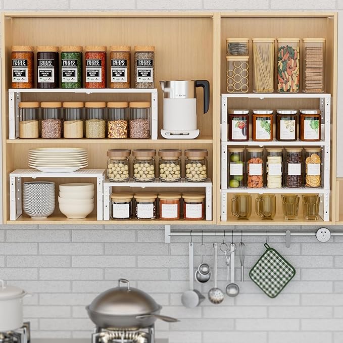 Expandable Spice Rack Kitchen Cabinet Shelf Organizer, Stackable Storage Shelves Racks, Adjustable Counter Shelving for Cabinets, Countertop, Cupboard,Pantry and More(2Packs/White/Medium)-NeatNest