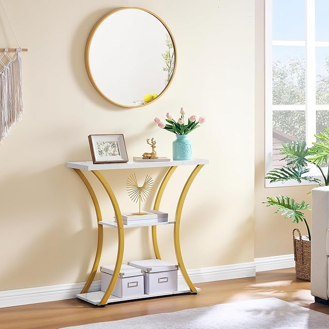 Hoctieon 3 Tier Console Table with Open Wood Shelves, Decorative Entryway Table with Curved Metal Frames, Narrow Sofa Table for Entrance, Living Room, Hallway, Gold and White Marbled-NeatNest