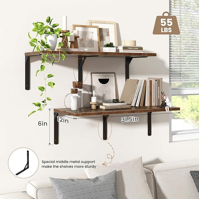 Fun Memories Rustic Brown 12 Inch Deep Floating Shelves Set of 2, Wall Mounted Shelf with Metal Brackets, Rustic Wood Wall Shelf for Bathroom, Kitchen and Living Room-NeatNest