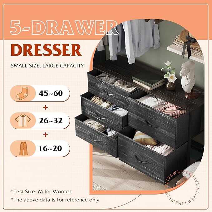 WLIVE Dresser for Bedroom with 5 Drawers, Wide Dressers with Drawer Organizers, Chest of Drawers, Fabric Dresser for Living Room, Closet, Hallway, Charcoal Black Wood Grain Print-NeatNest
