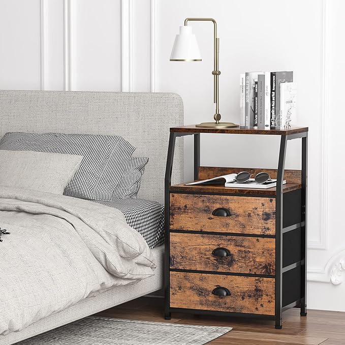 Furnulem Nightstand with 3 Drawers and 2-Tier Shelf, Fabric Small Dresser Organizer Vertical Storage Tower for Bedroom, Closet, Hallway, Nursery, End Table Side Furniture, Sturdy Steel Frame, Wood Top-NeatNest