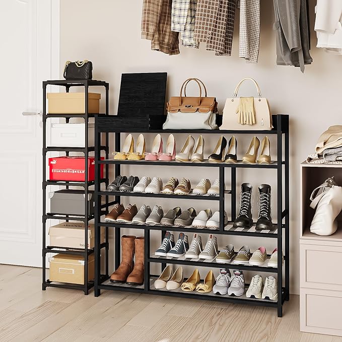 Large Bamboo Shoe Rack with Dust-Proof Pads Spacious 6-Tier Shoe Storage Organizer with Boot Rack and Storage Box Convenient Shoe Rack Shelf for Entryway Closet （Black）-NeatNest