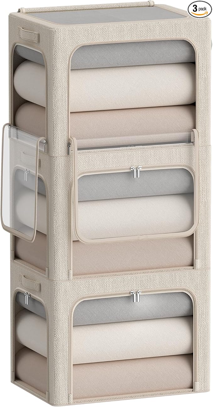 3Pack Stackable Foldable Storage Bin - Metal Frame Storage Box with Clear Window, Carry Handles (36L-15.7x11.8x11.8in, Beige)-NeatNest