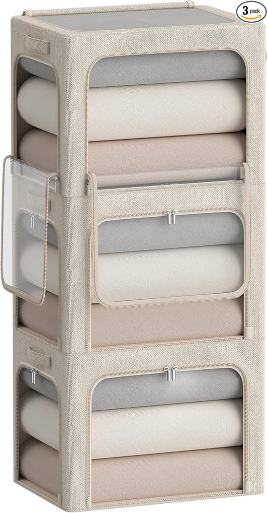 3Pack Stackable Foldable Storage Bin - Metal Frame Storage Box with Clear Window, Carry Handles (36L-15.7x11.8x11.8in, Beige)-NeatNest