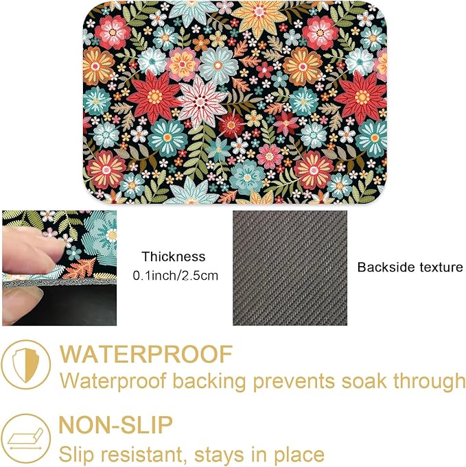 Colorful Embroidery Flowers Dish Drying Mats Super Absorbent Dish Drainer Rack Pad Non-Slip Drying Mat for Kitchen Counter, 24"x16"-NeatNest