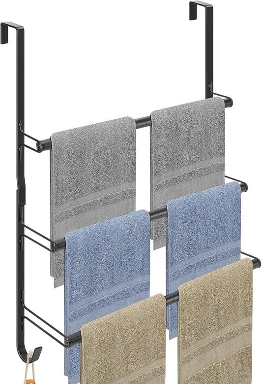 Livabber 3-Tier Over The Door Towel Rack, All Metal Towel Rack with Hooks for Door Hanging, Behind Door Towel Bar Towel Storage Holder for Bathroom Accessories, 19.37" L x 5.9" Wx 24.4" H(Black)