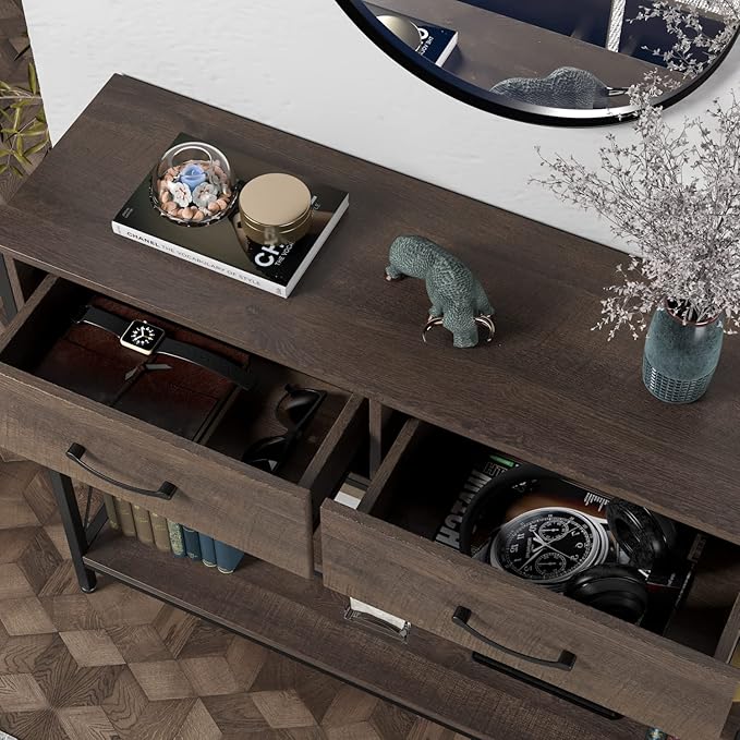 HITHOS Industrial Console Table with Drawers, Vintage Hallway Foyer Table with Storage Shelves, Narrow Long Sofa Entryway Table for Living Room, Dark Brown-NeatNest
