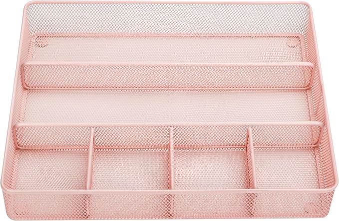 Annova Desk Top Organizer Tray for Office Organization - Metal Mesh - Storage Tray with Dividers for Pens, Desktop Accessories, Bathroom, Kitchen, Makeup and Office Supplies (Large, Light Pink)-NeatNest