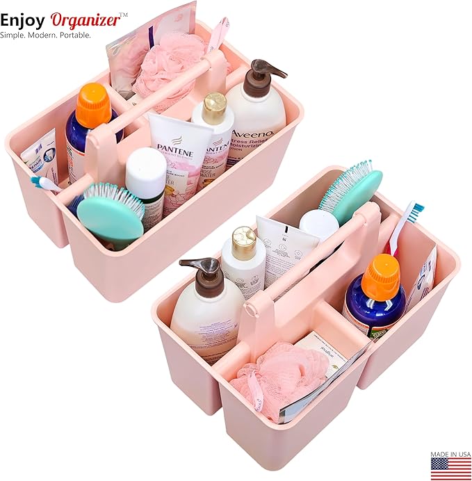Shower Caddy Organizer with Handle, 3 Compartments, Portable Storage Bin for Bathroom, Dorm, Gym -Made In USA (Indie Pink)