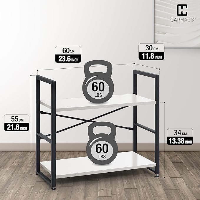 CAPHAUS 2 Tier Small Bookshelf, 24 Inch Width Free Standing Shelf, Bookcase Shelf Storage Organizer, Industrial Book Shelves for Home Office, Living Room, White Shelves & Metal Frame-NeatNest