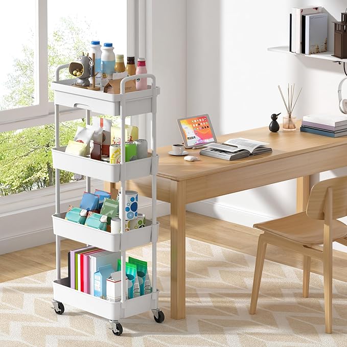 Dttwacoyh 4-Tier Rolling Cart，Trolley with Drawer, Kitchen Storage Organizer with Plastic Shelf & Metal Wheels, Storage Cart for Living Room, Kitchen, Office, Bathroom, White