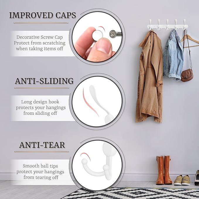 Coat Rack Wall Mount with 5 Tri Hooks, Stainless Steel 16 Inch – White Matte Finish, Heavy Duty Wall Mounted Hook Rack for Coats, Hats, Towels, Scarves, Robes, Bags, Entryway & Bathroom-NeatNest