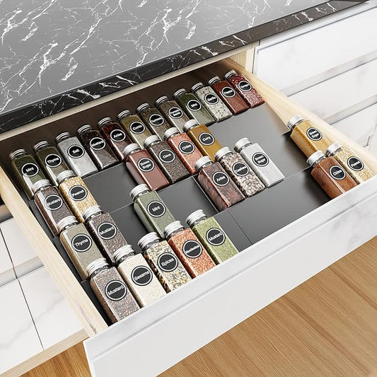 Expandable Spice Drawer Organizer for 11.5" to 23" Kitchen Cabinets Drawer, Adjustable 4 Tier Spice Rack Tray Insert, Food Seasoning Jars Storage, Aluminum-NeatNest