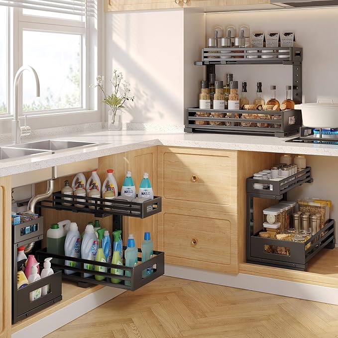 2-Pack 17"Deep Under Sink Organizer And Storage, 2-Tier L-Shaped Pull Out Cabinet Organizer with Upgraded Slide Rails, Height Adjustable Drawers for Kitchen&Bathroom, Extra-Large Storage Shelves–Black-NeatNest