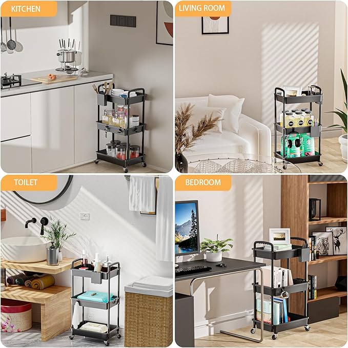 3 Tier Rolling Utility Cart with Handle,REBECAT Utility Cart Made of Multifunctional Storage Organizer Tool for Kitchen,Bathroom,Living Room,Office(Black)-NeatNest