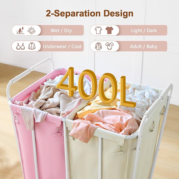 Hoctieon 2 Section Laundry Sorter Cart, 400L Rolling Hamper with Wheels, Industrial Laundry Basket Organizer, Extra Large Dirty Clothes Hamper for Home & Hotel, Heavy Duty, Pink+Beige-NeatNest