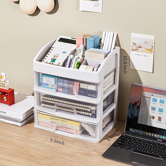 Desk Organizer with Drawers, 3 Drawers Storage Organizer, Desktop Storage Drawers for Office/School Supplies, Plastic Stationary Makeup Organizer, Desk Storage Box for Office, School, Home-NeatNest
