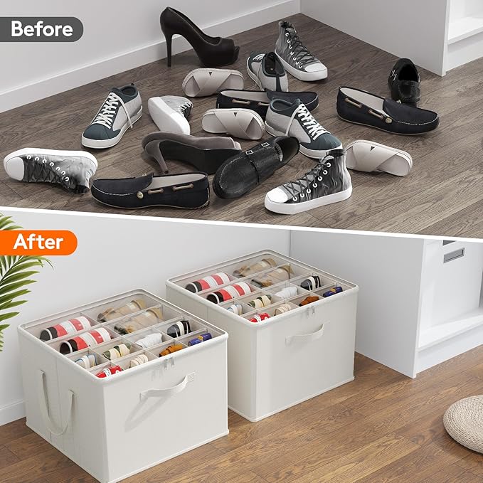 Lifewit Shoe Storage Organizer for Closet, Fits 12-16 Pairs, Large Shoe Box Storage Containers with Clear Cover and Reinforced Handles, Foldable Storage Bins Fits for Boots Heels Sneakers White-NeatNest