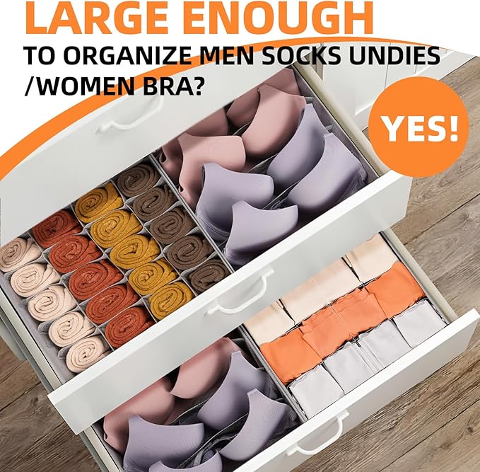 Criusia 6 Pack Large Drawer Organizer for Sock Underwear - Washable Heavy Duty Fabric Closet Organizers and Storage Bins - 90 Cells Dresser Organizer Divider for Baby Clothes, Ties, Belt (Grey)-NeatNest