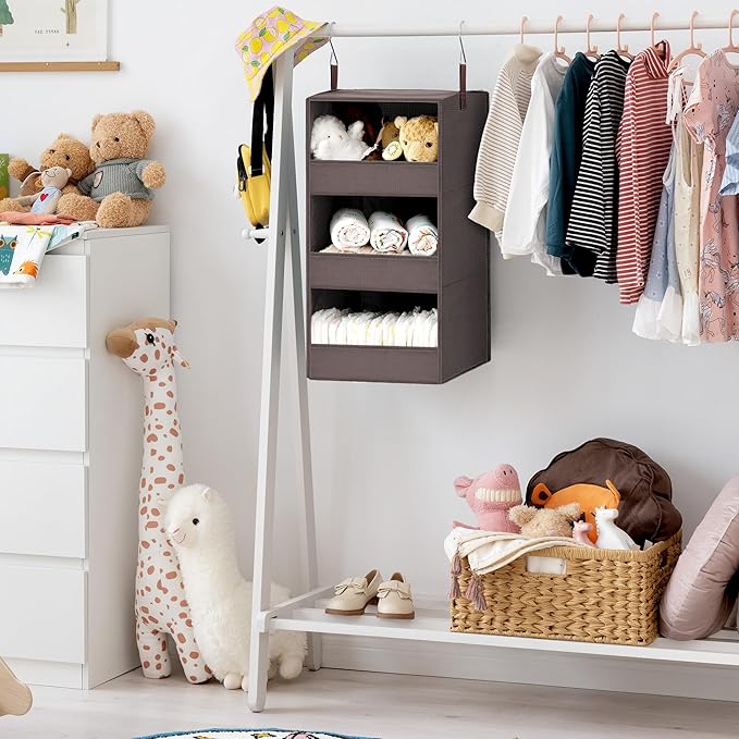 GRANNY SAYS 3-Shelf Closet Organizers and Storage, Foldable Hanging Closet Organizer, Hanging Closet Shelves with 2 Metal Hooks, Leak-Proof Hanging Shelves for Closet, Bedroom, RV, Camper, Dark Brown-NeatNest