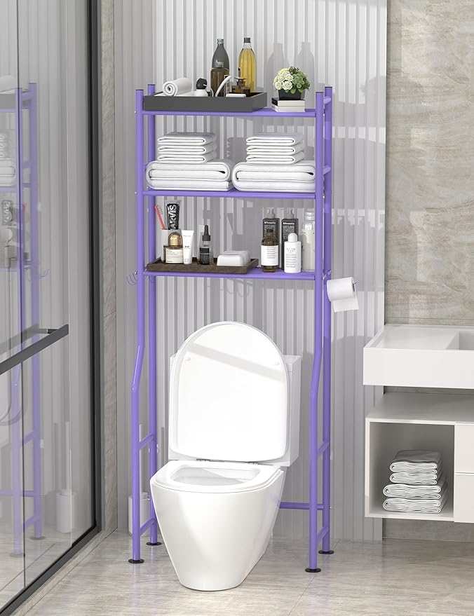 3-Tier Over The Toilet Storage, Freestanding Metal Bathroom Shelves with 4 Hooks, Over Toilet Storage Shelf with Paper Holder, Above The Toilet Shelf for Bathroom Storage, Purple-NeatNest