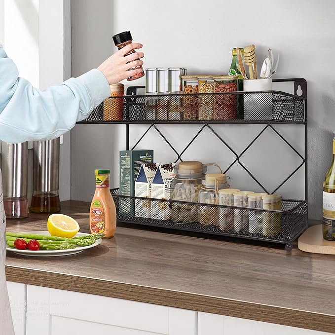 2 Tier Metal Kitchen Counter-top or Wall Mount Spice Rack, Jars Storage Organizer, Cabinet Holder, spice seasoning organizer for Partry (Bronze)-NeatNest