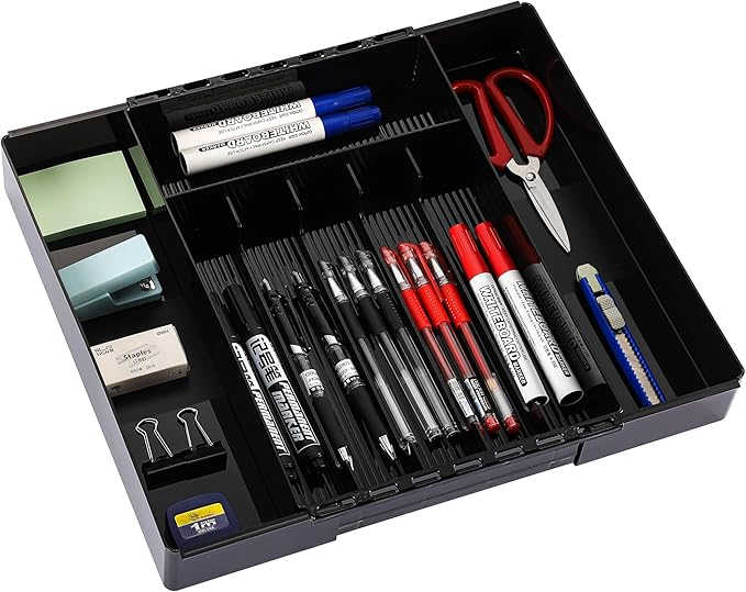 IEEK Silverware Organizer for Kitchen Drawers,Expandable Utensil Tray, Adjustable Cutlery and Flatware Holder,Plastic Drawer Dividers For Spoon Forks Knives Chopsticks Storage,Black-M-NeatNest