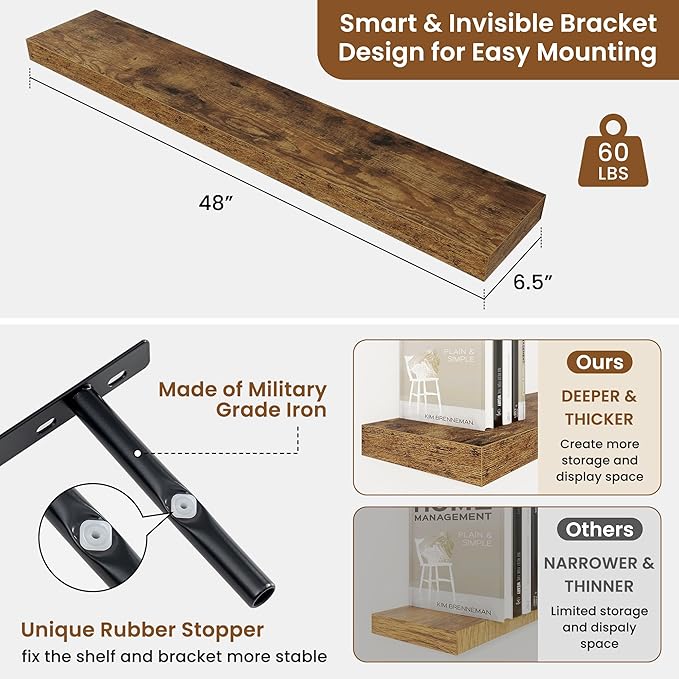 fuqing Floating Shelves for Wall, Bathroom Shelf Wall Mounted for Storage, Shelves with Invisible Bracket for Bedroom, Kitchen, Living Room, Farmhouse Small Book Shelf, 48 Inch Set of 2, Rustic Brown-NeatNest