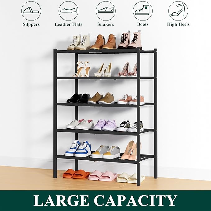 Smiry Shoe Rack, 5 Tier Thick Bamboo Shoe Organizer, Stackable Free Standing Wooden Shoe Storage Shelf for Closet, Entryway, Front Door Entrance, Black-NeatNest