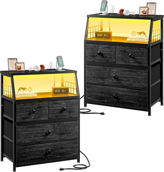 EnHomee Nightstand Set of 2, Night Stand with Charging Station & LED Lights, Bedside Table with 4 Fabric Drawers for Bedroom, Side Table with Outlets and 2 Ports, Black