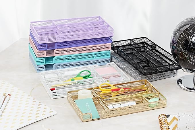 Annova Desk Drawer Organizer Tray for Office Organization - Metal Mesh - Storage Tray with Dividers for Pens, Desktop Accessories, Bathroom, Kitchen, Makeup and Office Supplies (Small, Light Pink)-NeatNest