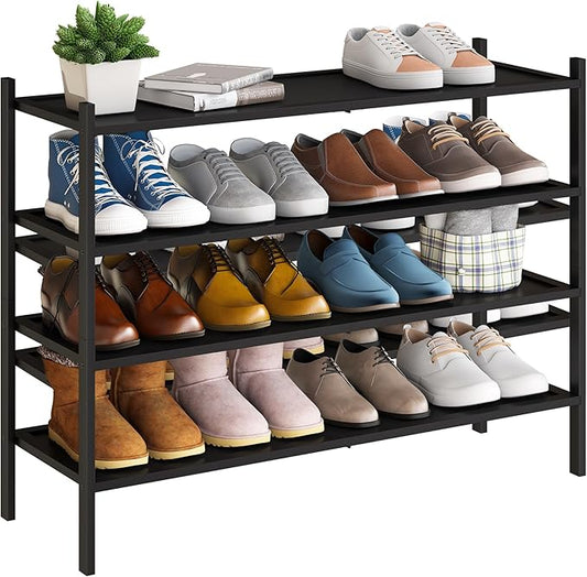BMOSU 4-Tier Bamboo Extended Shoe Rack Premium Stackable Shoe Shelf Storage Organizer for Hallway Closet Living Room Entryway Organizer(Black)-NeatNest