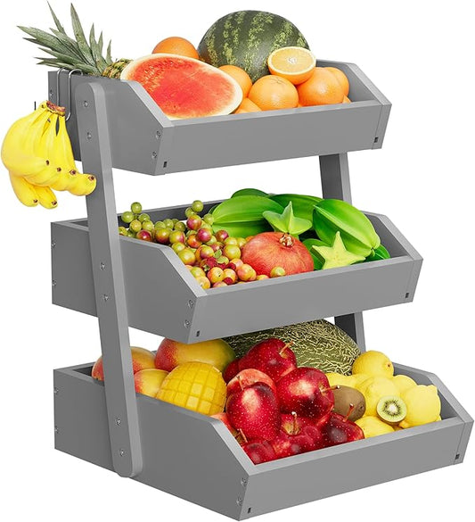 Bamboo 3 Tier Fruit Basket For Counter, Large Capacity Fruit Storage Countertop, Fruit Holder, Wooden Pantry Organizers and Storage, Kitchen Countertop Organizer With Two Banana Hangers (Grey)