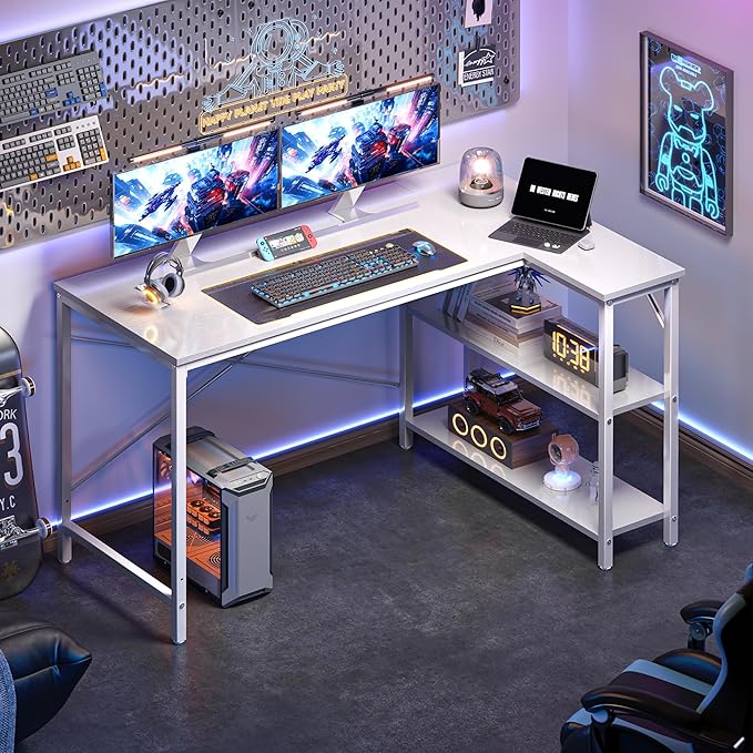 Huuger L-Shaped Desk - 47" Reversible Storage Corner Gaming Desk, Metal Frame, White-NeatNest