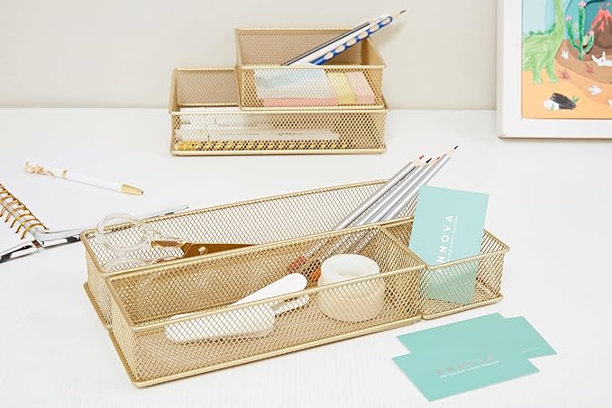 Annova Mesh Stackable Drawer Cabinet and Shelf Organizer Bins Storage Basket School Office Supply Holder Tray- Set of 2 (Gold, 3x9x2 Inch)-NeatNest
