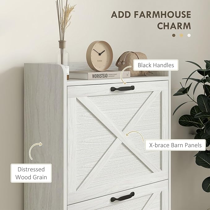 HOMCOM Slim Shoe Cabinet for Entryway, Farmhouse Hidden Shoe Storage Cabinet with 2 Flip Drawers and Adjustable Shelves for 8 Pairs of Shoes, Distressed White