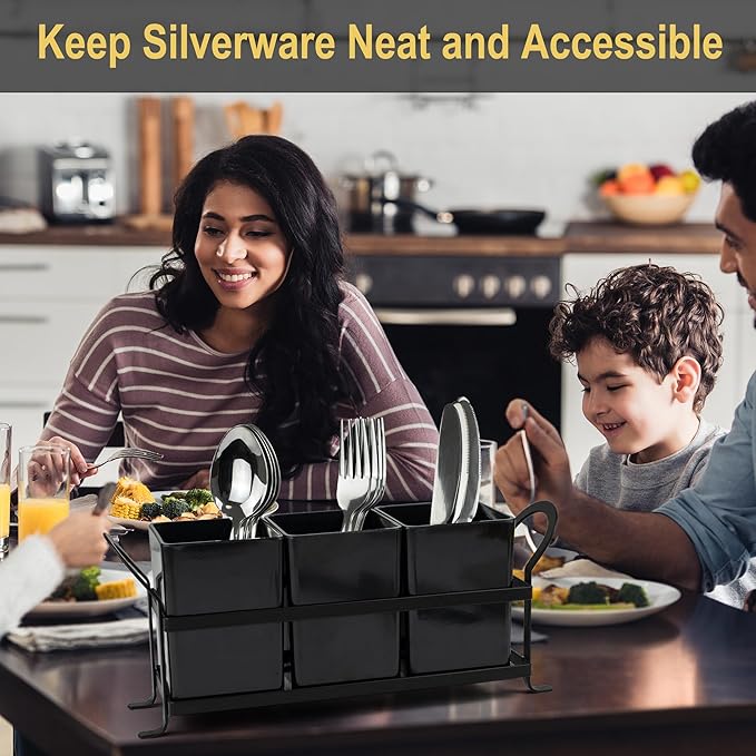 Cutlery Holder with Drain Holes, Dishwasher Safe Silverware Caddy for Party, Kitchen Counter, 3pcs Bins Set Countertop Utensil Holder for Spoons, Forks and Knives, Black-NeatNest