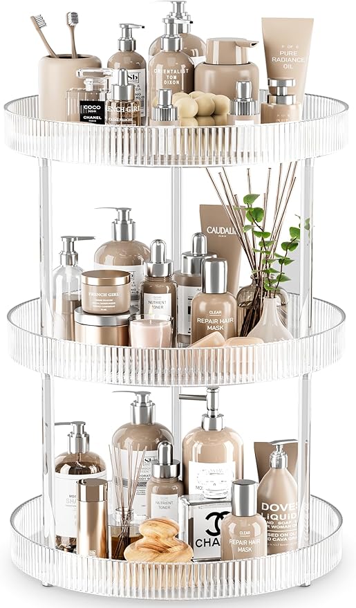 3 Tier Lazy Susan Bathroom Countertop Organizer, 360° Clear Rotating Makeup Cosmetic Perfume Storage Tray, Spinning Vanity Organizer Shelf for Bathroom Cabinet, Dresser, Kitchen(Large)-NeatNest