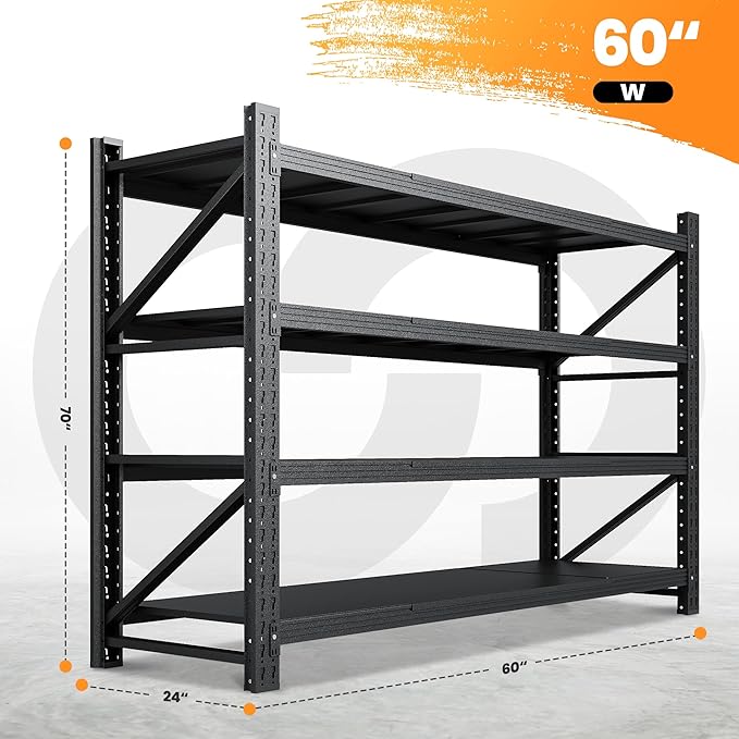 60” W Heavy Duty Garage Shelving, 5000LBS Metal Storage Shelves, 4 Tier Storage Rack Shelf, Steel Industrial Shelving, Adjustable Standing Shelf for Basement/Warehouse 60" W x 24" D x 70" H, Black-NeatNest
