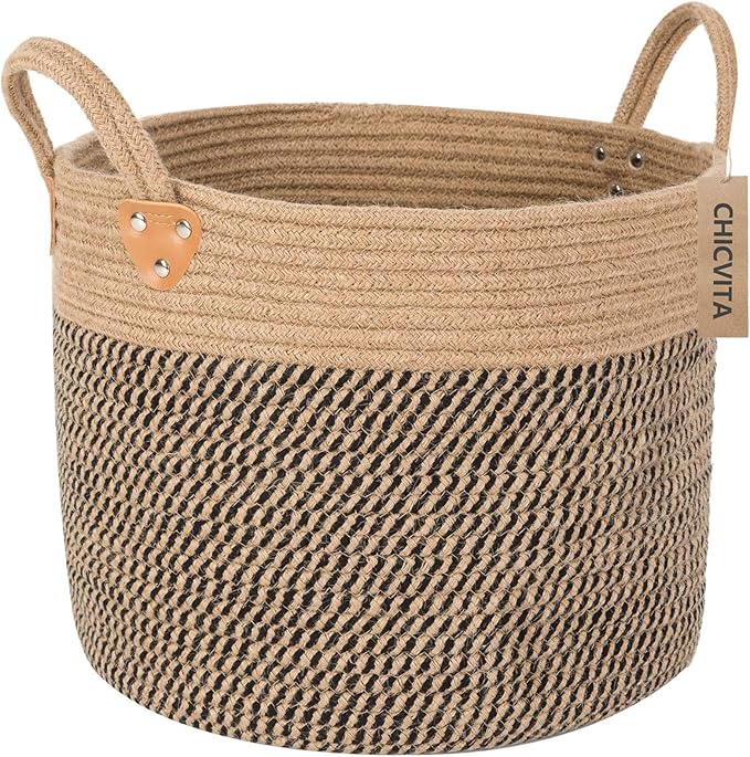CHICVITA Wicker Laundry Basket With Handles, Storage Baskets for Decor, Rope Basket for Blankets, Toys, Clothes, Shoes, Plant Basket for Living Room, 14" X 14" X 12"-NeatNest