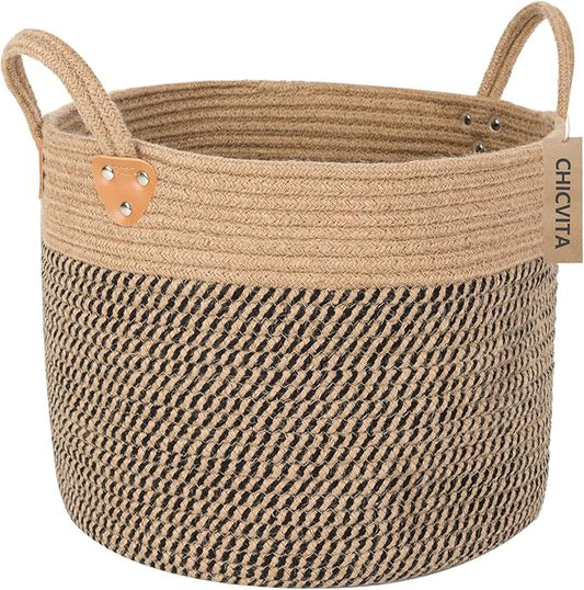 CHICVITA Wicker Laundry Basket With Handles, Storage Baskets for Decor, Rope Basket for Blankets, Toys, Clothes, Shoes, Plant Basket for Living Room, 14" X 14" X 12"-NeatNest