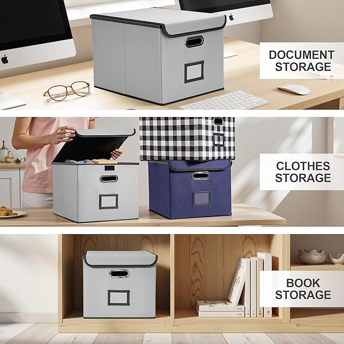 File Organizer Box, Linen Filing Organizer with Lid, Large Desktop File Boxes, Light Grey,1 Pack