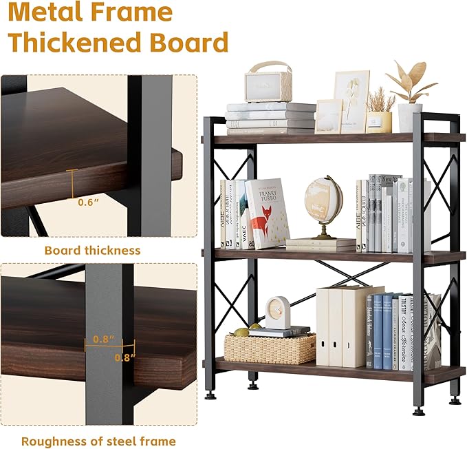 3 Tier Bookshelf Bookcase, 35.5'' Width Wood & Metal Open Book Shelf, Freestanding Industrial Display Shelf, Rustic Storage Shelves Organizer for Home Office, 300 lbs/Level