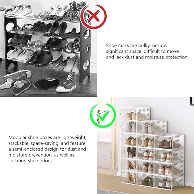 12 Pack Large Modular Clear Plastic Stackable Shoe Storage Organizer for Closet, Space Saving Versatile Sneaker Shoe Rack Containers Bins Holders, Portable Closet Organizers and Storage, White-NeatNest