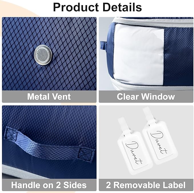 Comforter Storage Bag - Large Capacity Blanket Storage Bags 3-Layer Ultra Space Saving Self Compression Organizer, Washable Compression Bags for Storage Comforter Blanket, 2-Pack, Navy Blue-NeatNest