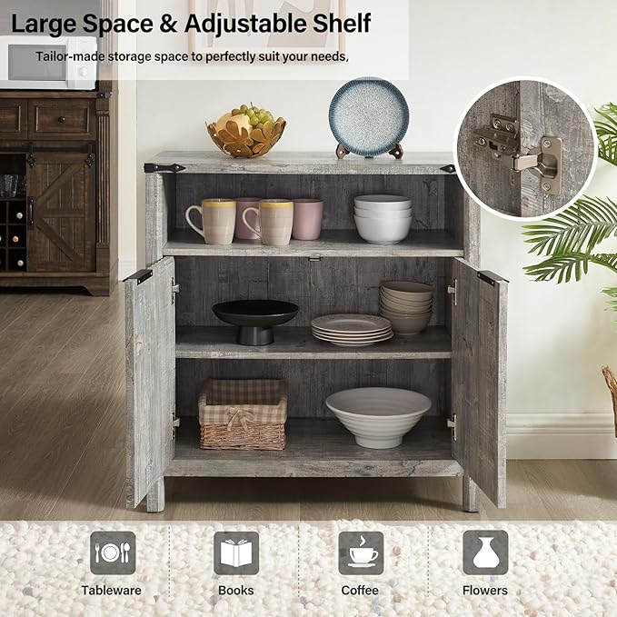 32 Inch Fluted Sideboard Buffet Cabinet with Storage, Modern Farmhouse Accent Credenza with Adjustable Shelves, Coffee Wine Bar Organizer for Kitchen, Entryway, Living Room (Grey)