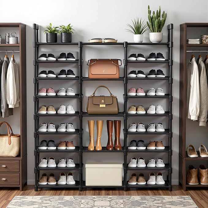 Shoe Rack Storage Shelf Stand Cabinet, 9 Tier Shoe Organizer for Closet Entryway Holds 50-55 Pairs Stackable Space Saving Storage Freestanding Shelf with Hooks-NeatNest